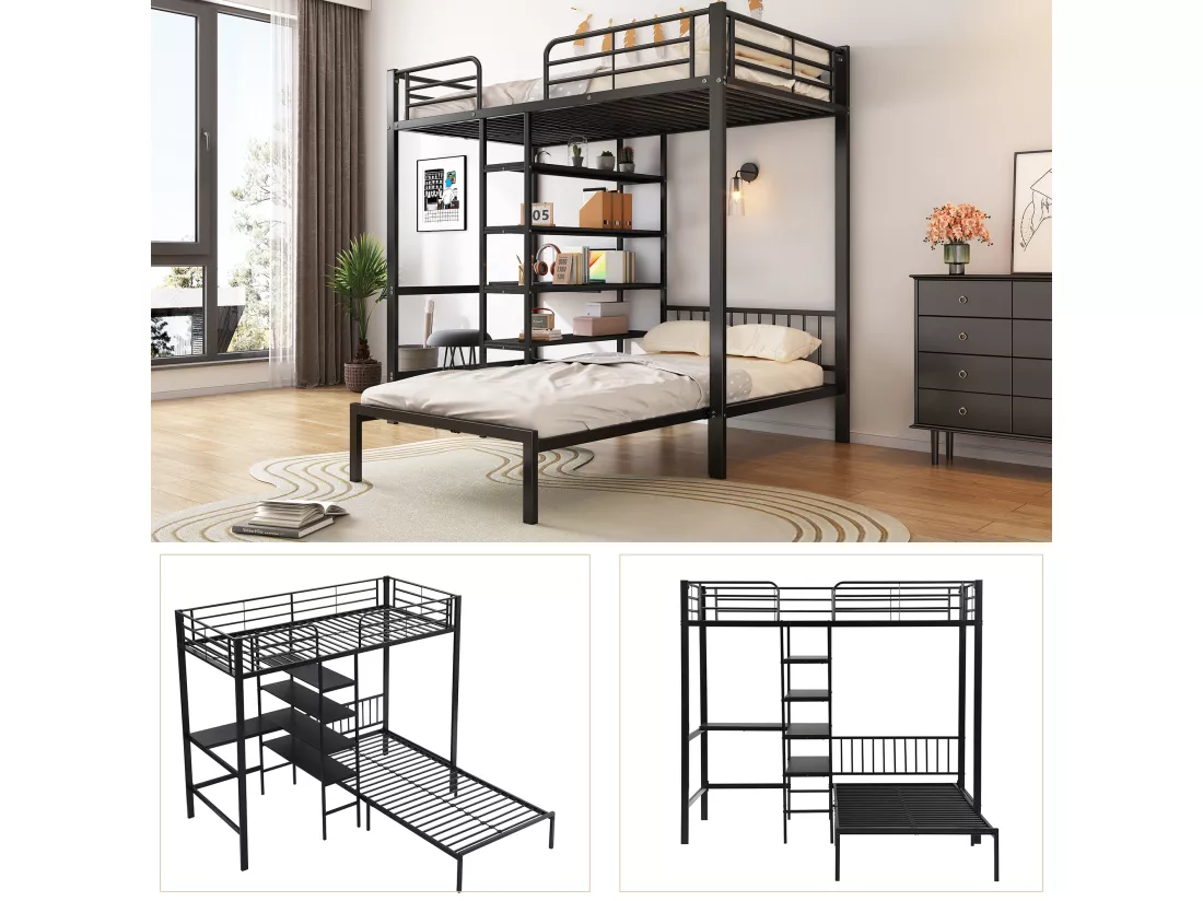 Lit mezzanine 2 x 90 x 200 cm - bureau et étagères de rangement - métal et bois MDF - noir