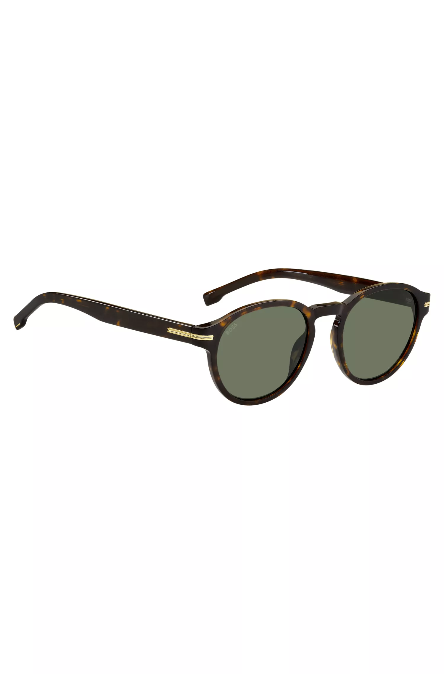 Óculos de sol BOSS em acetato preto com detalhes dourados exclusivos.