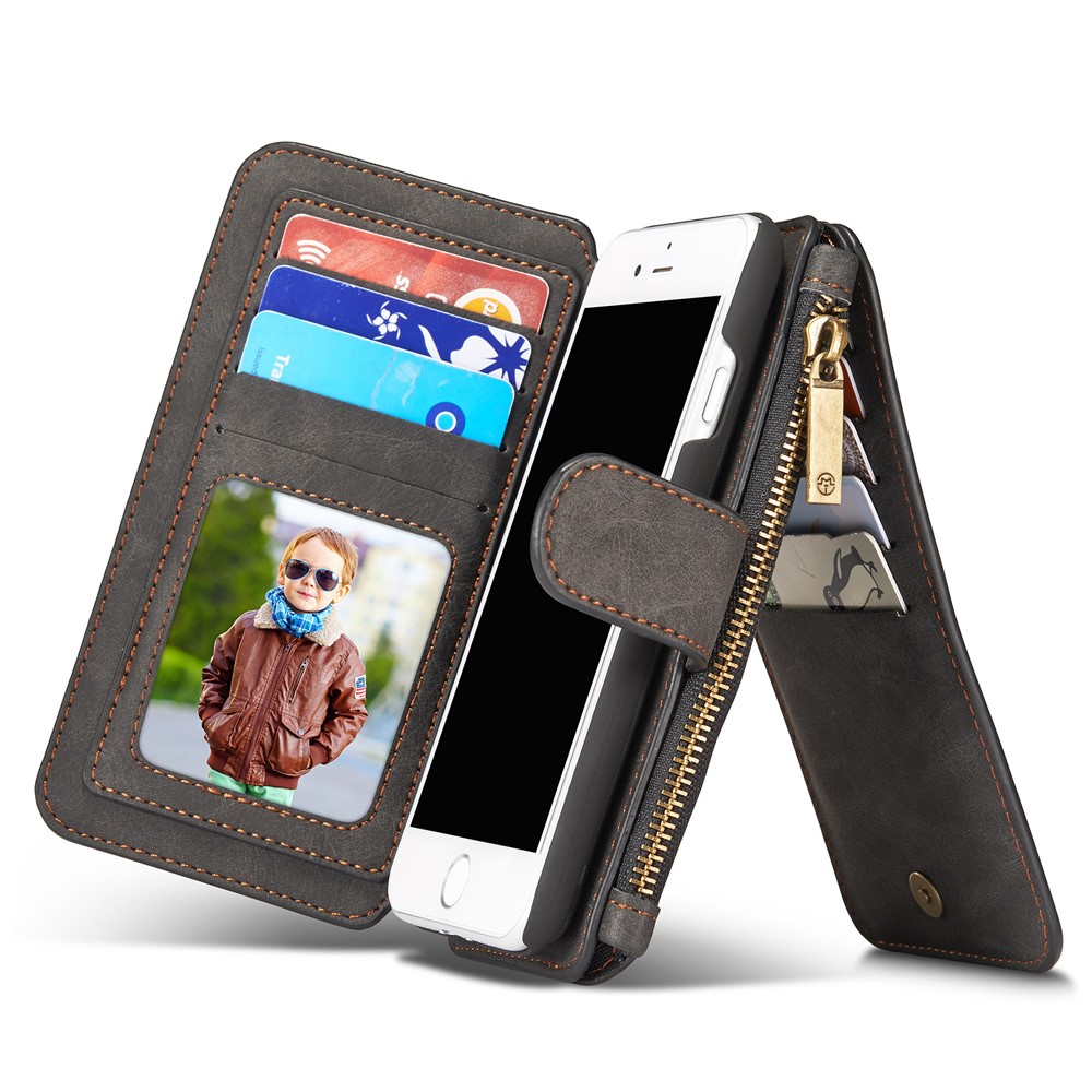 iPhone SE (2022/2020) / 8 / 7 3in1 Leder Tasche   Magnet Hardcase und Karten Etui (Vertikal Ausklappbar) - Schwarz