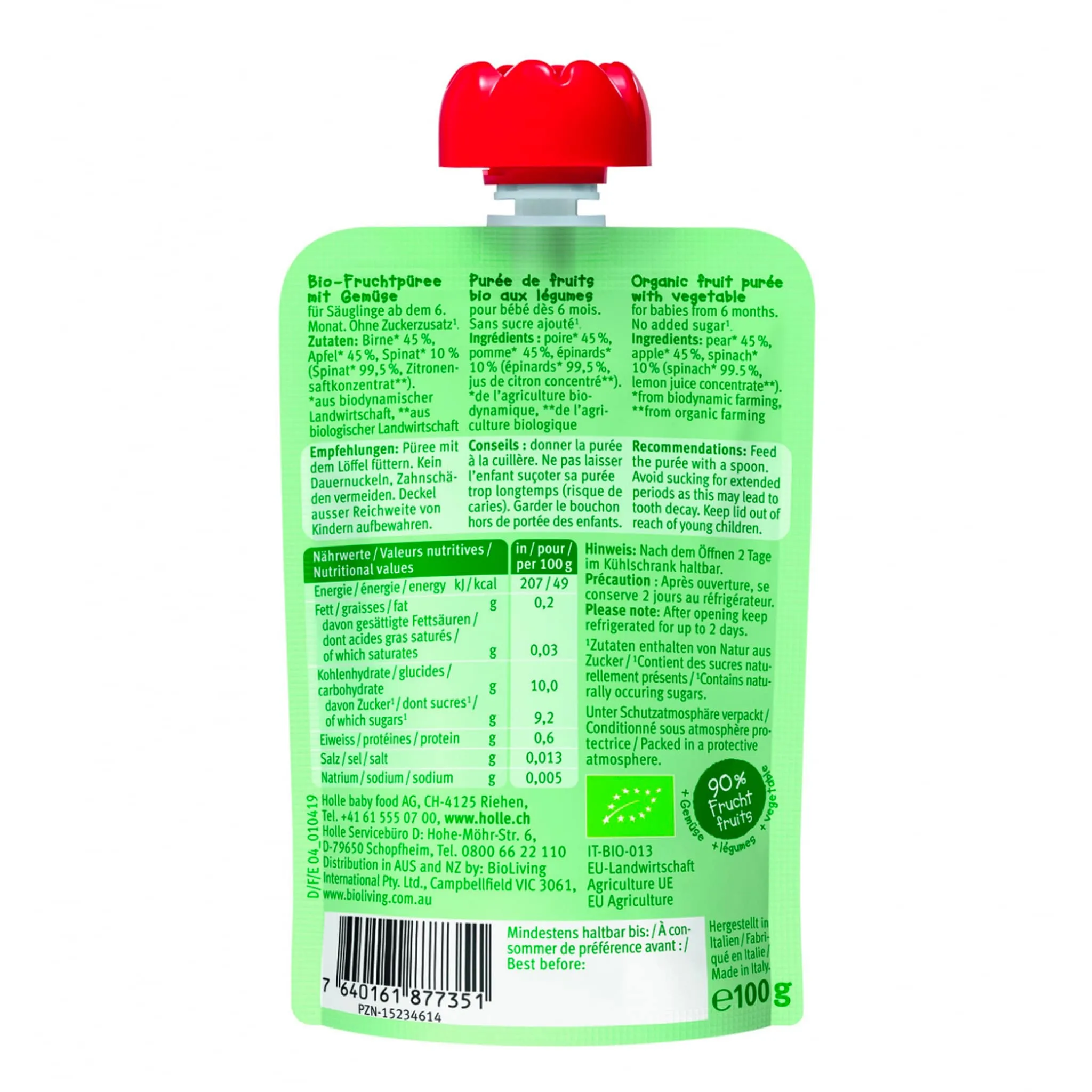 Holle Purée Bio - Power Parrot - Poire avec Pomme et Épinard (À partir de 6 mois)