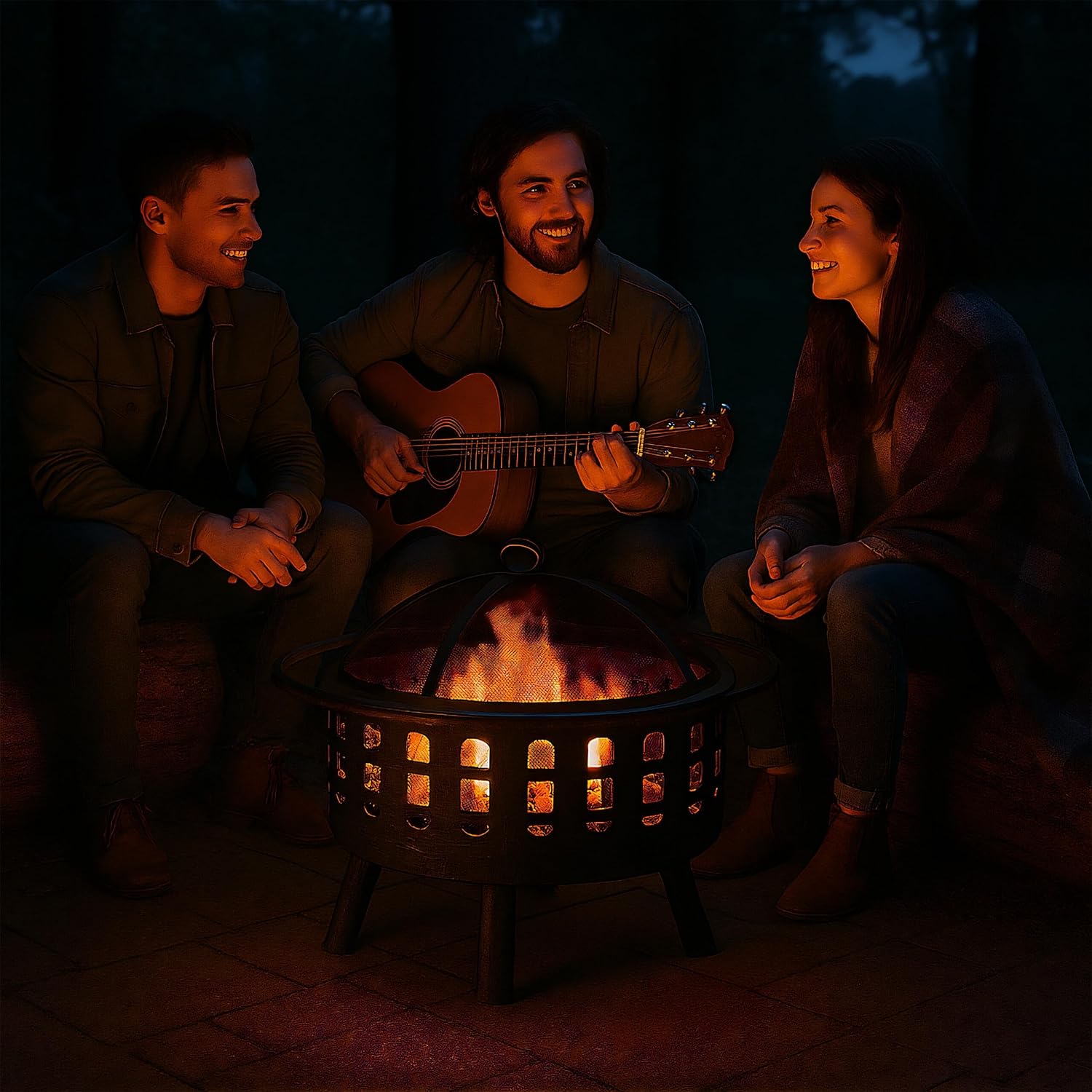 Relaxdays Feuerschale mit Grillrost & Funkenschutz, Schürhaken, Kohlerost, Ø 75 cm, Feuerstelle Garten, schwarz/Silber