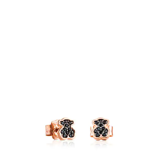 Brincos com banho de ouro rosa 18k sobre prata e espinélios, com motivo de urso.