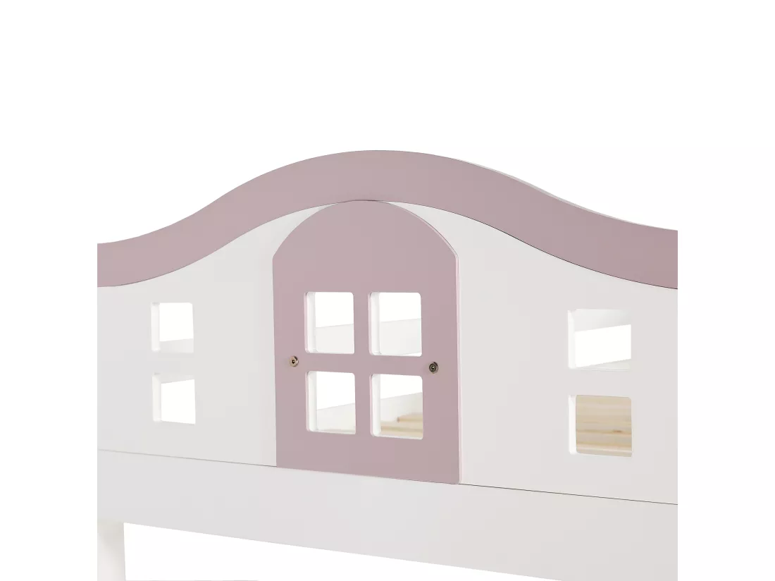 Lit superposé, lit d'enfant,avec barrière de sécurité de couleur contrastée,avec fenêtre,avec décoration de nuages,avec échelle inclinée à quatre marches et tiroirs,pin+MDF,blanc+rose,90x200cm+120x200cm,Sans matelas