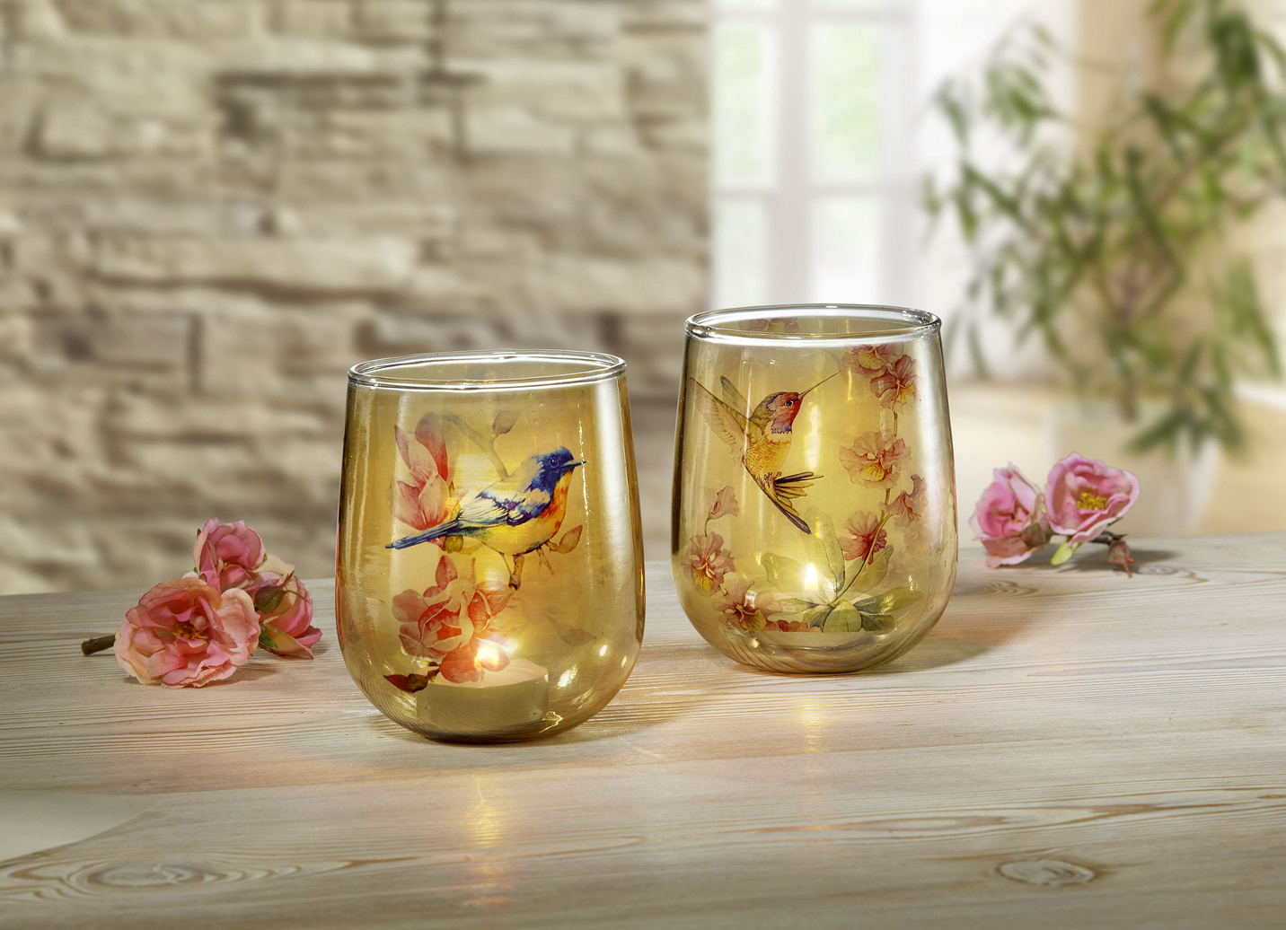 Glas-Windlicht mit Vögelchen-Szene, 2er-Set