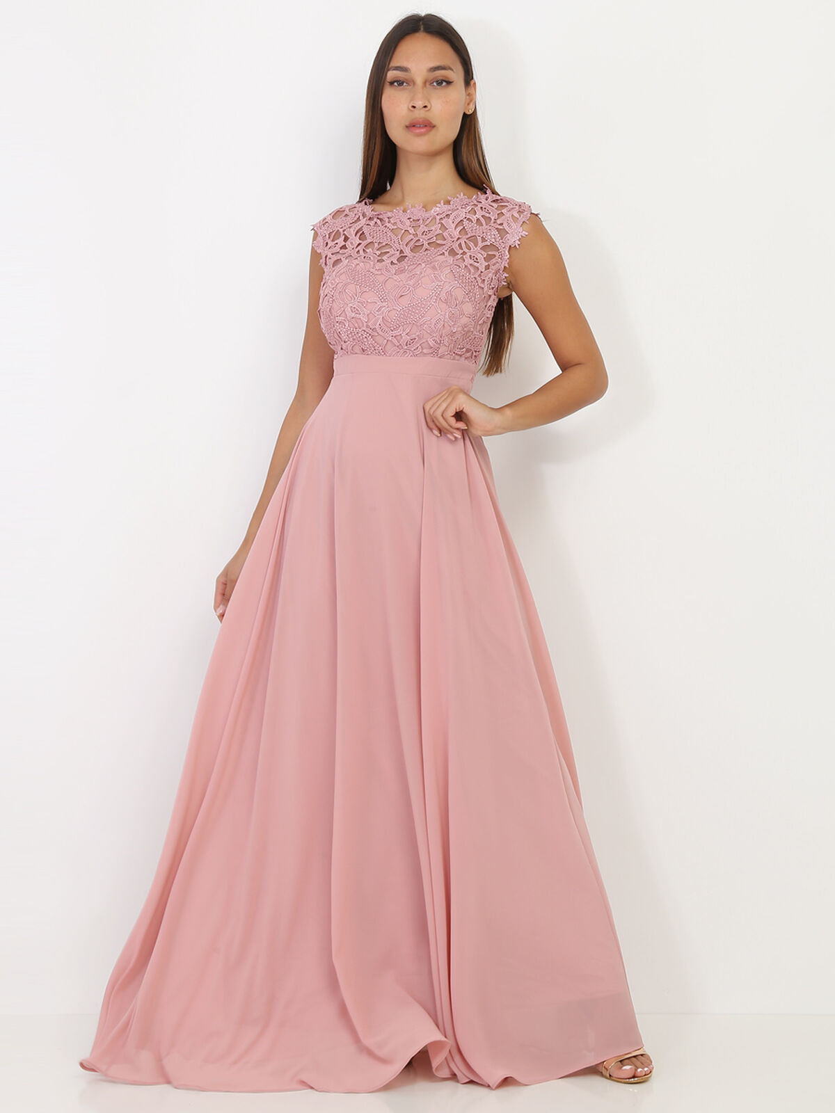 Robe longue à dentelle- Vieux rose