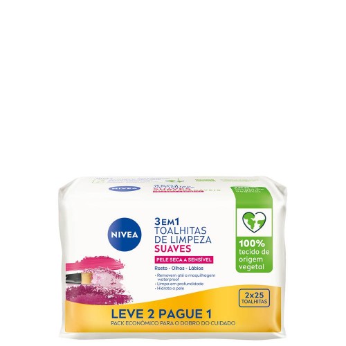 Nivea Toalhitas de Limpeza Suaves Pele Seca e Sensível 50 Unidades