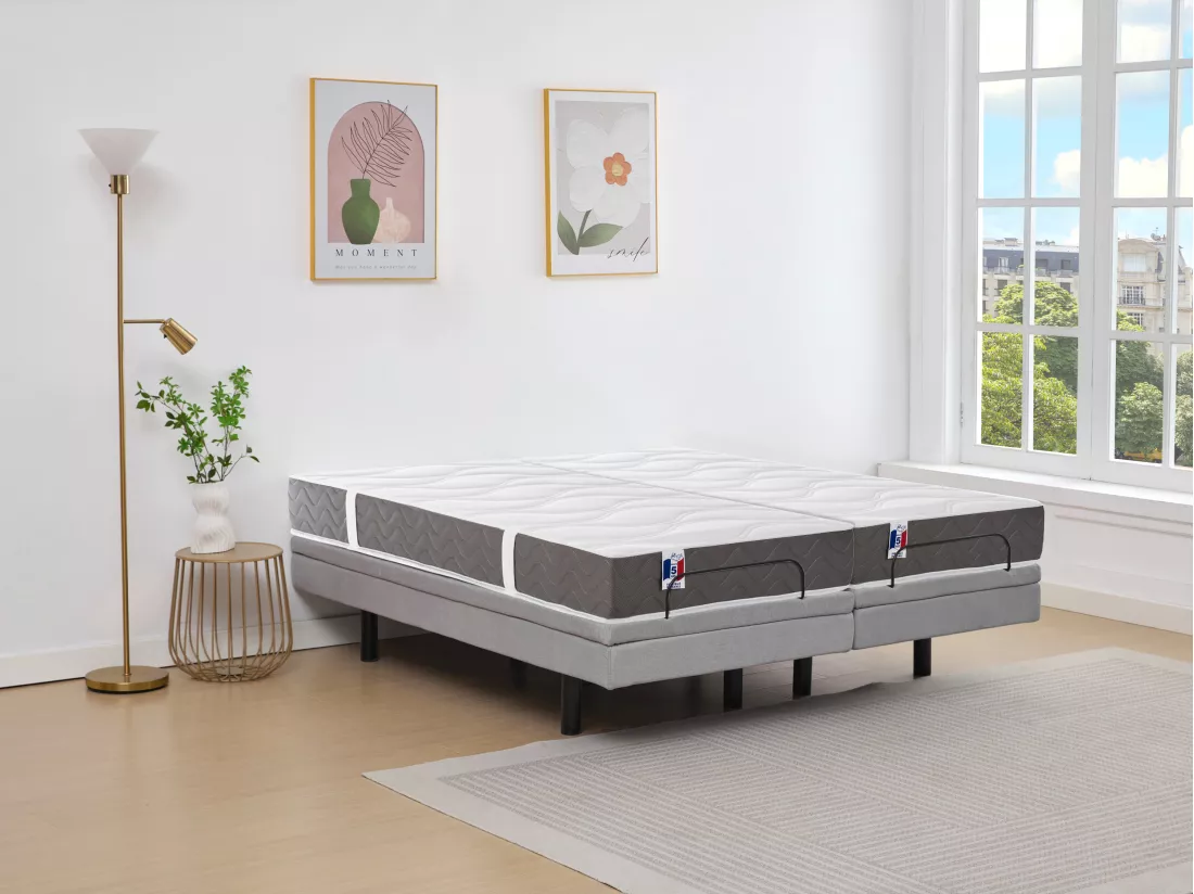 Lit électrique de relaxation déco + matelas 100% latex 3 zones - 2 x 90 x 200 cm - Tissu - Gris - PANISOLA de YSMÉE