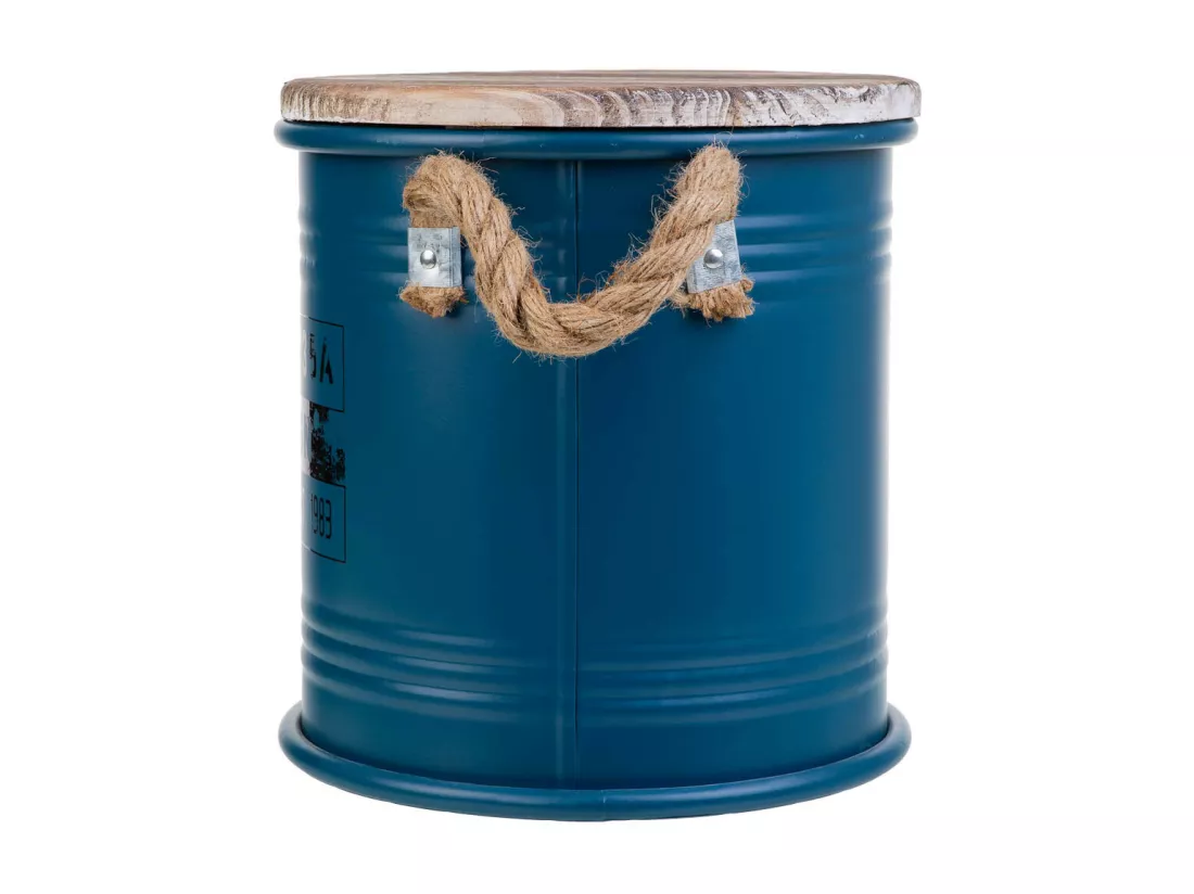 Boîte ronde en métal, couvercle en bois et poignées en corde imprimée bleue D25x27h cm
