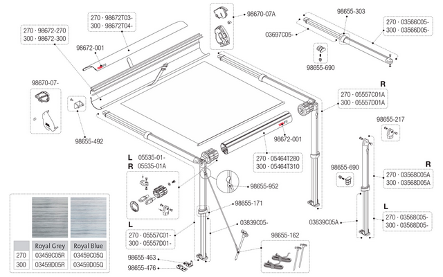 Fiamma Spannstange und Stützfuß 300 / 430 links für F35 Pro Fiamma Artikelnummer 05557D01-
