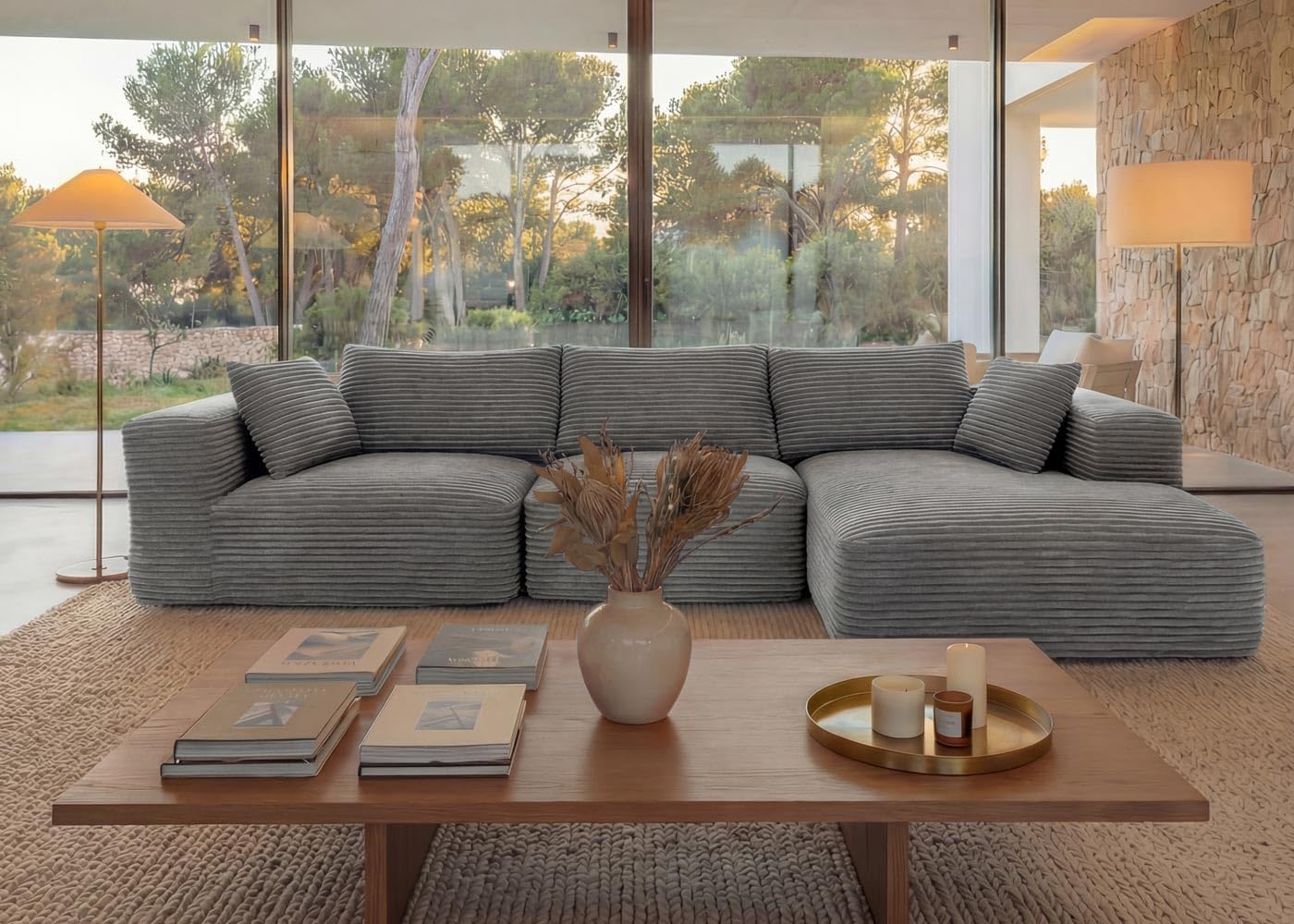 Mendler Sofa-Garnitur HWC-P20, 3-Sitzer Couch Loungesofa, Stoff/Textil Cord (370 g/m²) Liegefläche rechts - hellgrau