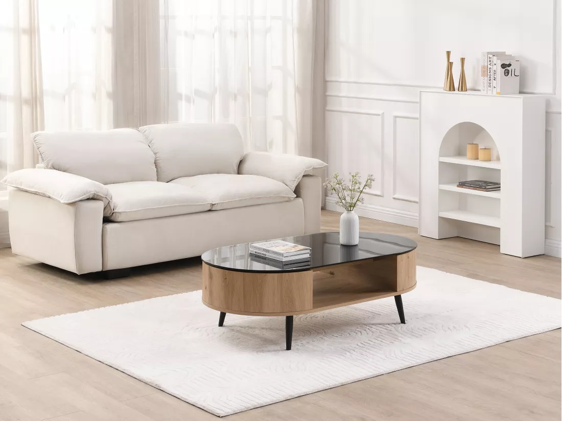Table basse avec plateau pivotant et 3 niches en MDF et verre trempé - Naturel et noir - YONISMA