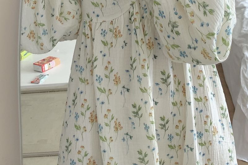 Gecko - Lange mouw V-hals bloemenprint kant rand gerimpelde midi pyjamajurk / top / broek / set