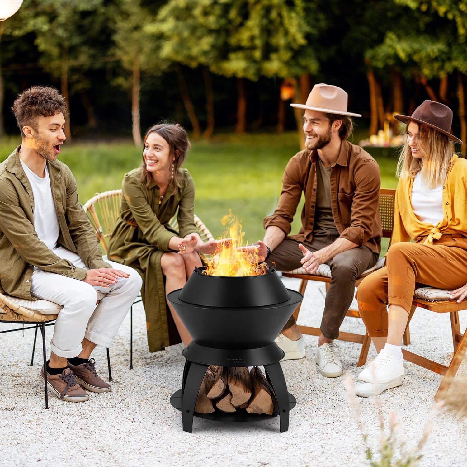 COSTWAY Feuerschale mit Topfhalter und Ablage, Feuerstelle mit rauchfreier sauerstoffangereicherter Verbrennung, Fire Pit für Camping, Garten, Terrasse