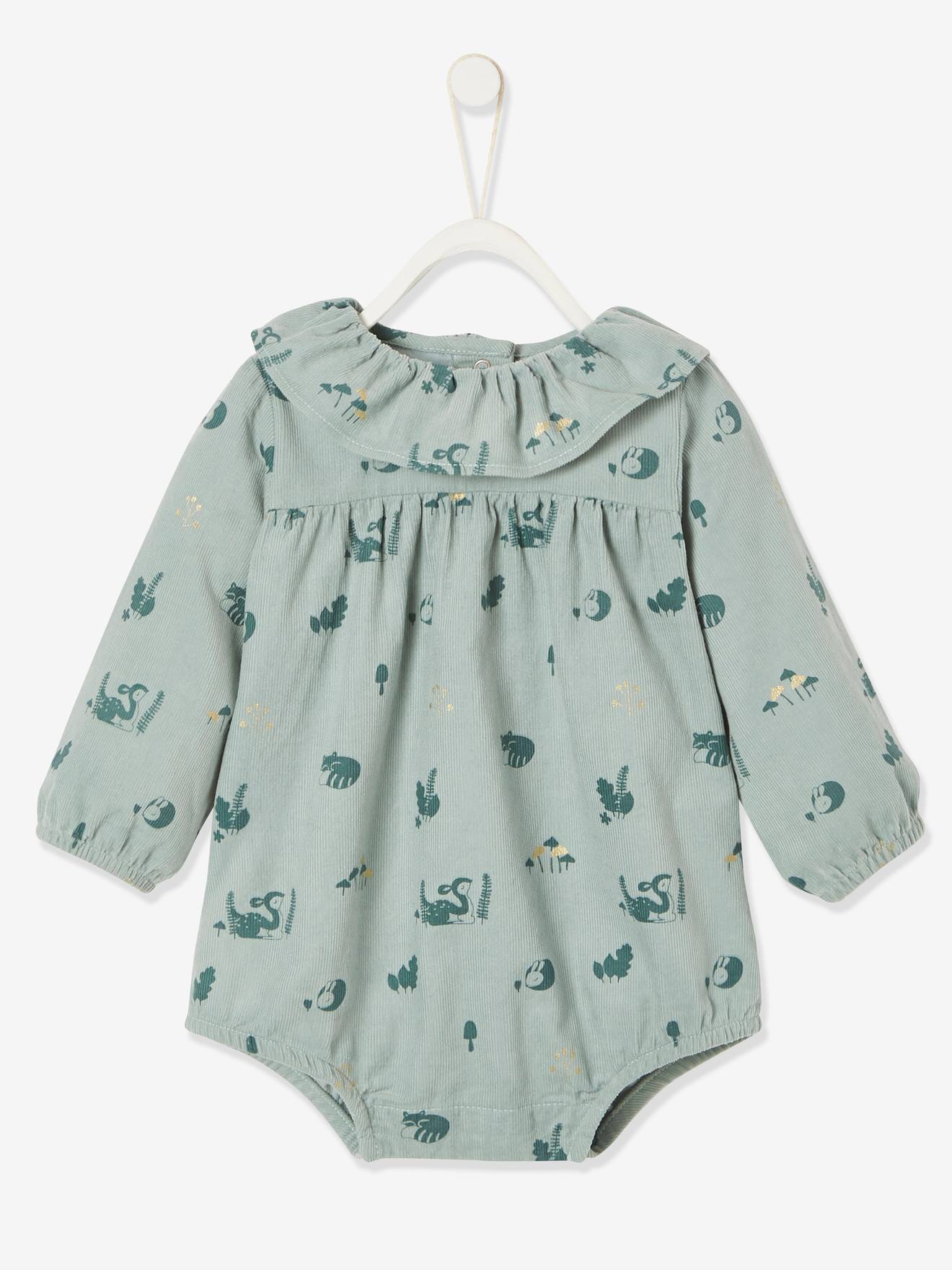 Macacão jardineira de veludo estampado para bebê, estampa verde média