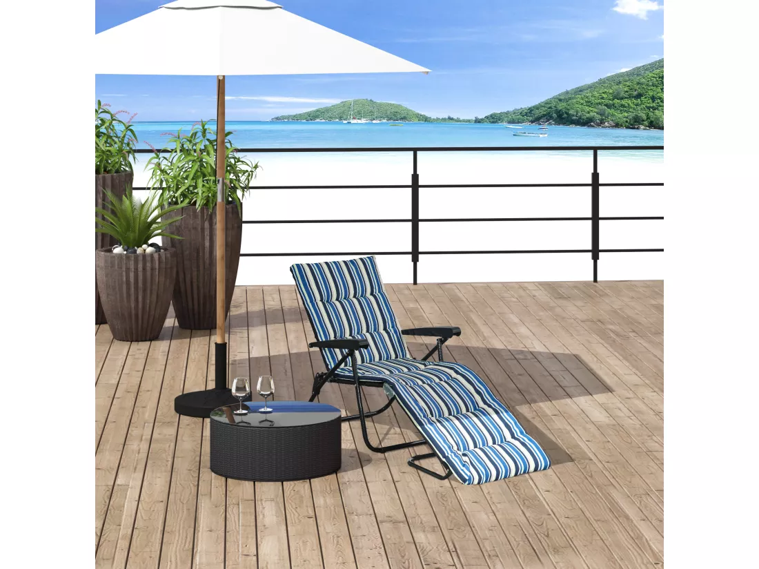 Bain de soleil pliable transat inclinable 6 positions grand confort avec matelas + accoudoirs acier polyester multicolore