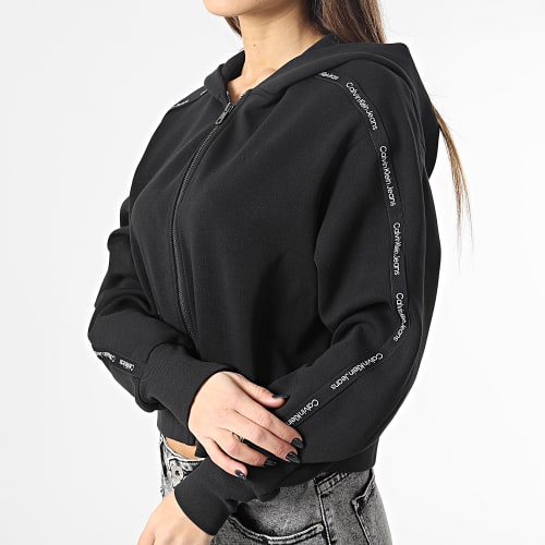Sweat Zippé Capuche Crop Femme A Bandes 0425 Noir