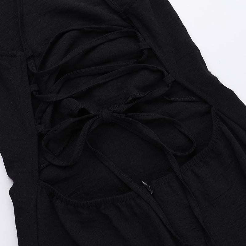 meadowdrop - Halterhals Effen Open Rug Maxi A-lijn Jurk / Capuchon Strik Voorkant