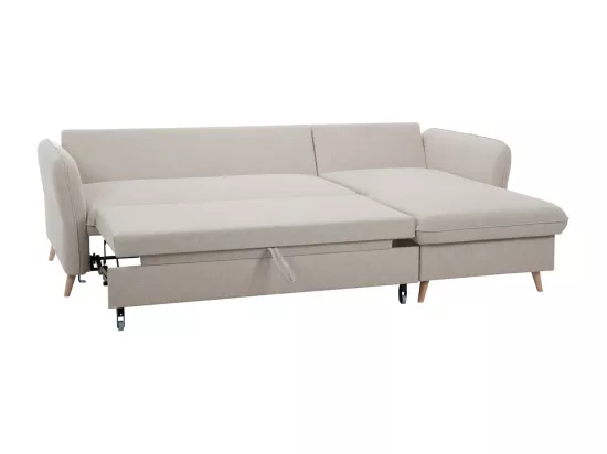 Canapé d'angle convertible réversible avec coffre 3-4 places en tissu beige et bois clair DRISS