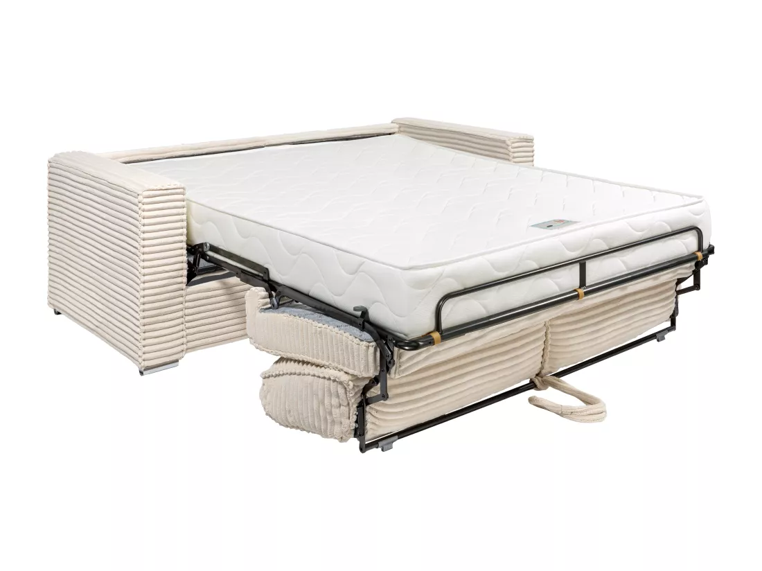 Canapé 4 places convertible express en velours côtelé grosses côtes gris clair - Couchage à lattes larges 160 cm - Matelas 22 cm LORETO