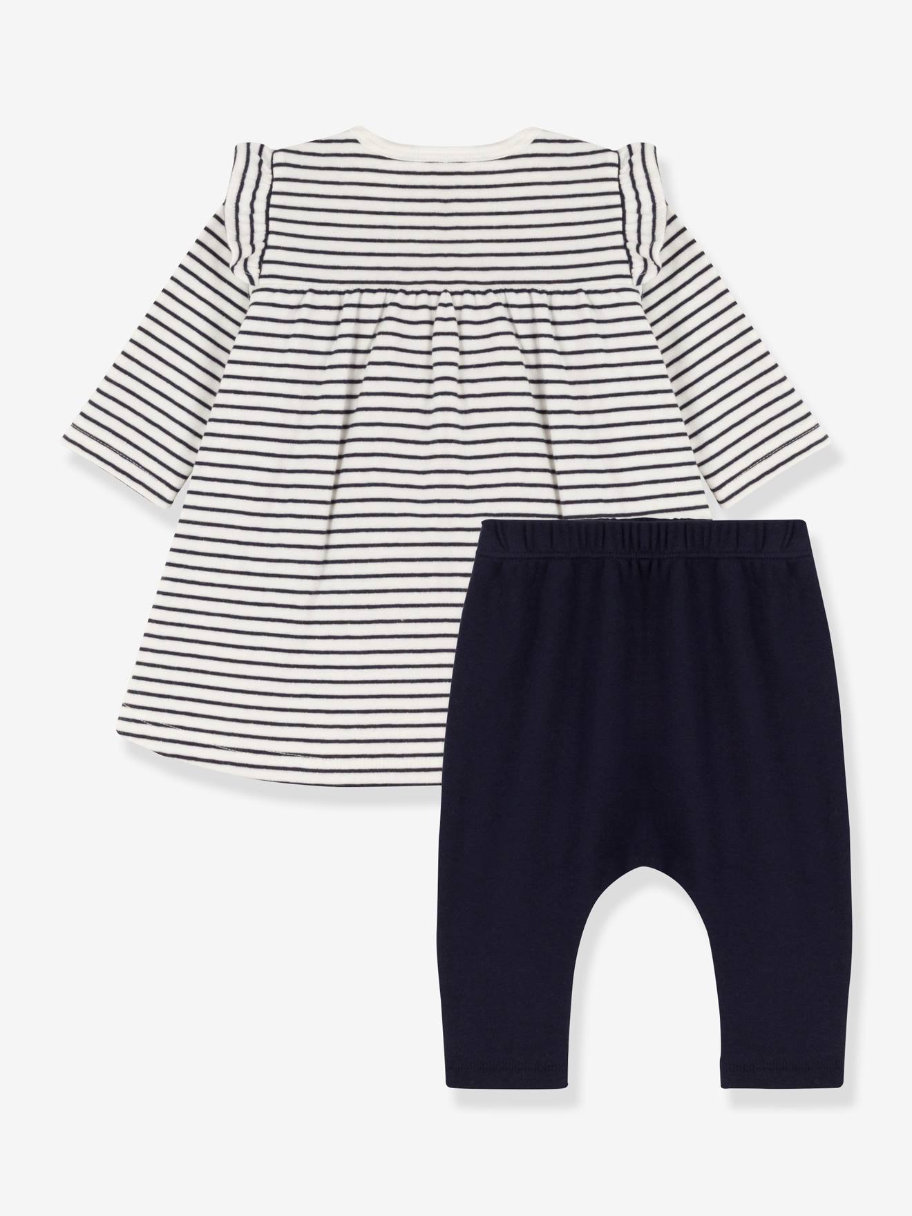 Conjunto PETIT BATEAU com vestido de marinheiro e legging cor creme para bebê