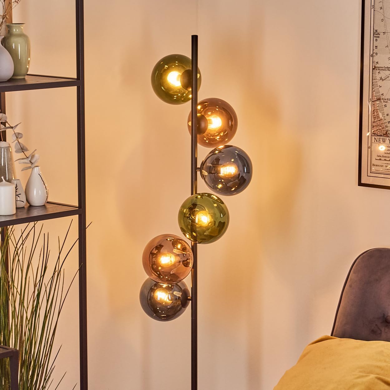 HOFSTEIN Stehleuchte Gastor, Stehlampe aus Metall/Glas in Schwarz/Blau/Grün/Kupfer, Leuchte im Retro/Vintage-Design (Ø Schirme 15 cm), Fußschalter, 160 cm, E14, Wohnzimmer, Schlafzimmer, Flur, Büro