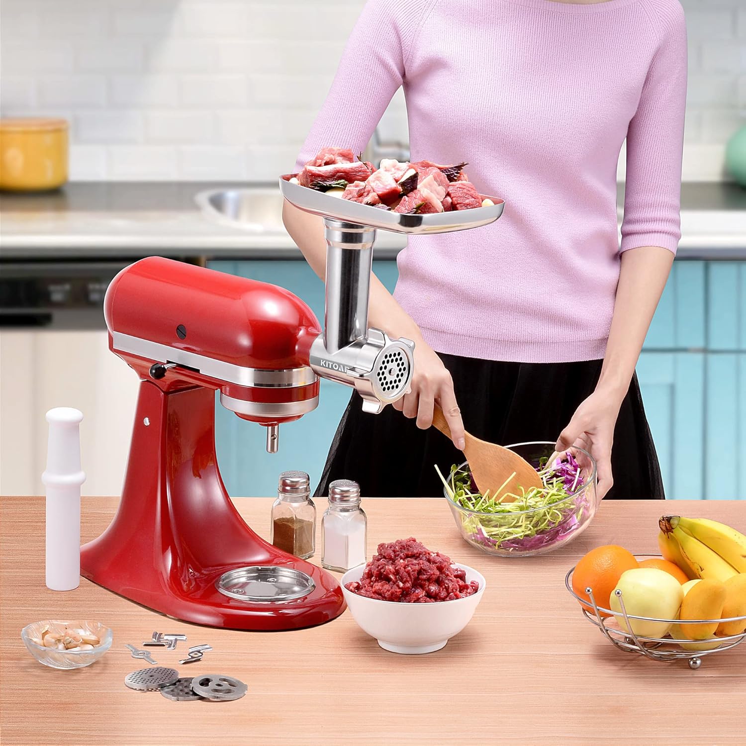 Edelstahl-Fleischwolf-Aufsätze für KitchenAid Mixer, Fleischwolf, Wurstfüller, perfekter Mahlaufsatz für KitchenAid, spülmaschinenfest (Maschine/Mixer nicht im Lieferumfang enthalten)