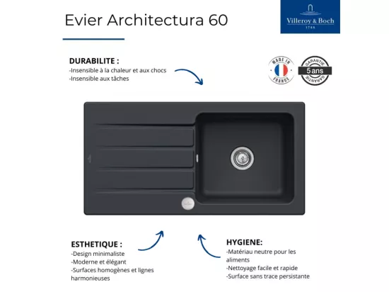 Evier VILLEROY ET BOCH Architectura 60 Pure Black avec vidage automatique