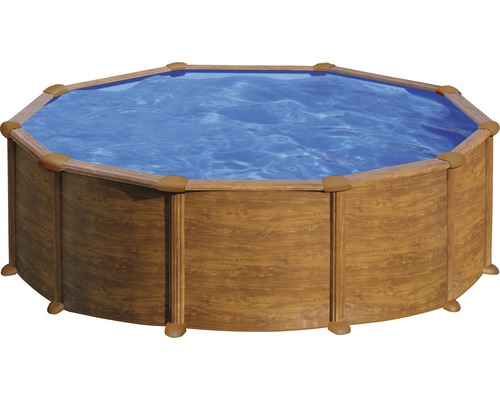 Opzetzwembadset van staalwand Gre rond Ø 480x132 cm incl. zandfiltersysteem, skimmer, trap, filterzand & bodembeschermvlies houtlook