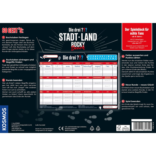 Die drei ??? - Stadt Land Rocky Beach - Spieleblock
