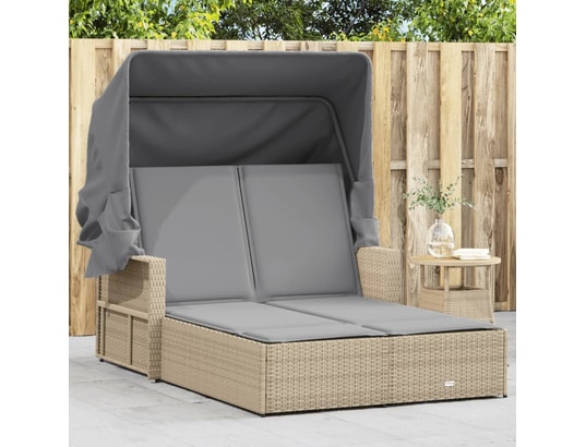 VIDAXL - Bain de soleil Chaise longue double et auvent et coussins mélange beige rot...