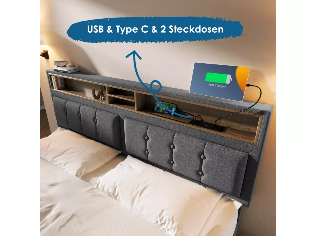 Lit coffre 140 x 200 cm avec tête de lit rangement - prise USB & C - tissu en lin - gris