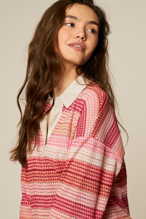 Roze gestreepte polo met lange mouwen