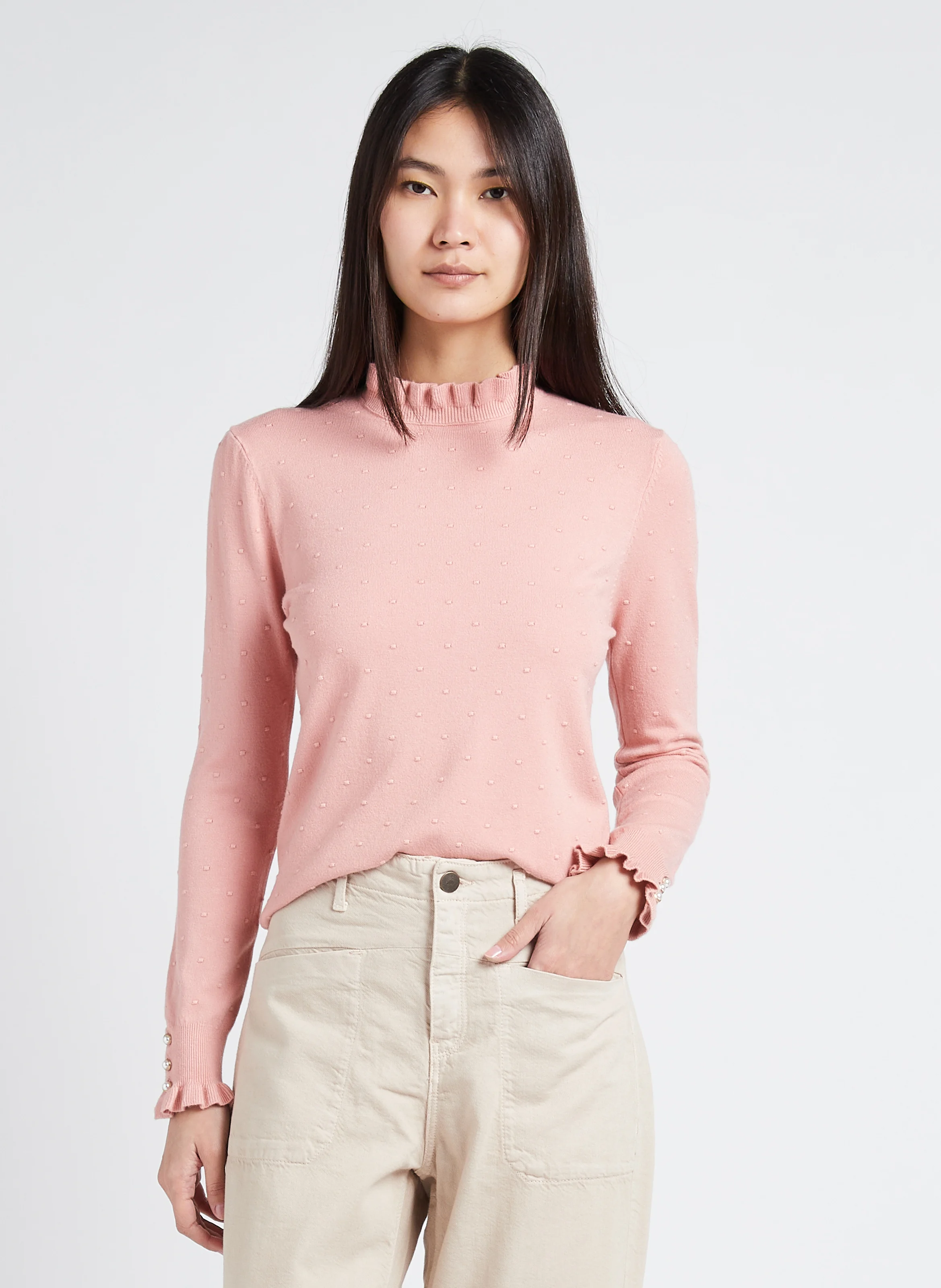 SOLFERINO - Pull col rond jacquard à volants | Rose