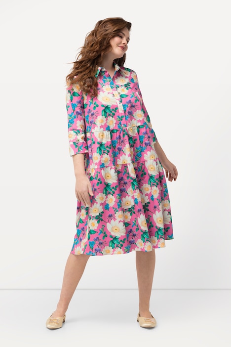 Hemdblusenkleid, Blüten, A-Linie, Hemdkragen, 3/4-Arm