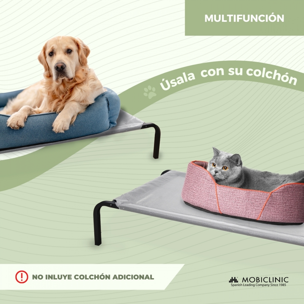 Cama elevada para animais de estimação | Isolante térmica | 122 x 71 x 21 cm | Máx. 60 kg | Leve | Durável | Cinza | Cleo | Mobiclinic