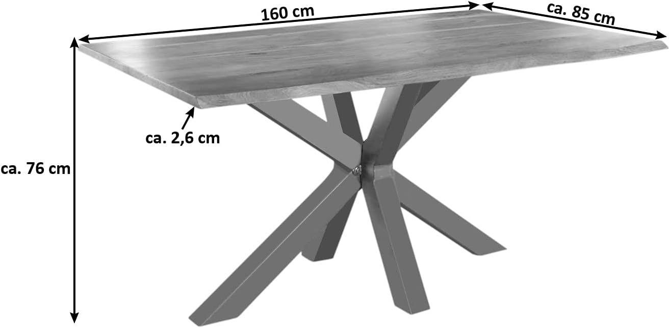 SAM Baumkantentisch 160 x 85 cm Spyro, Akazienholz naturfarben & massiv, Esszimmertisch mit silbernem Spider-Metallgestell, Platte 26 mm