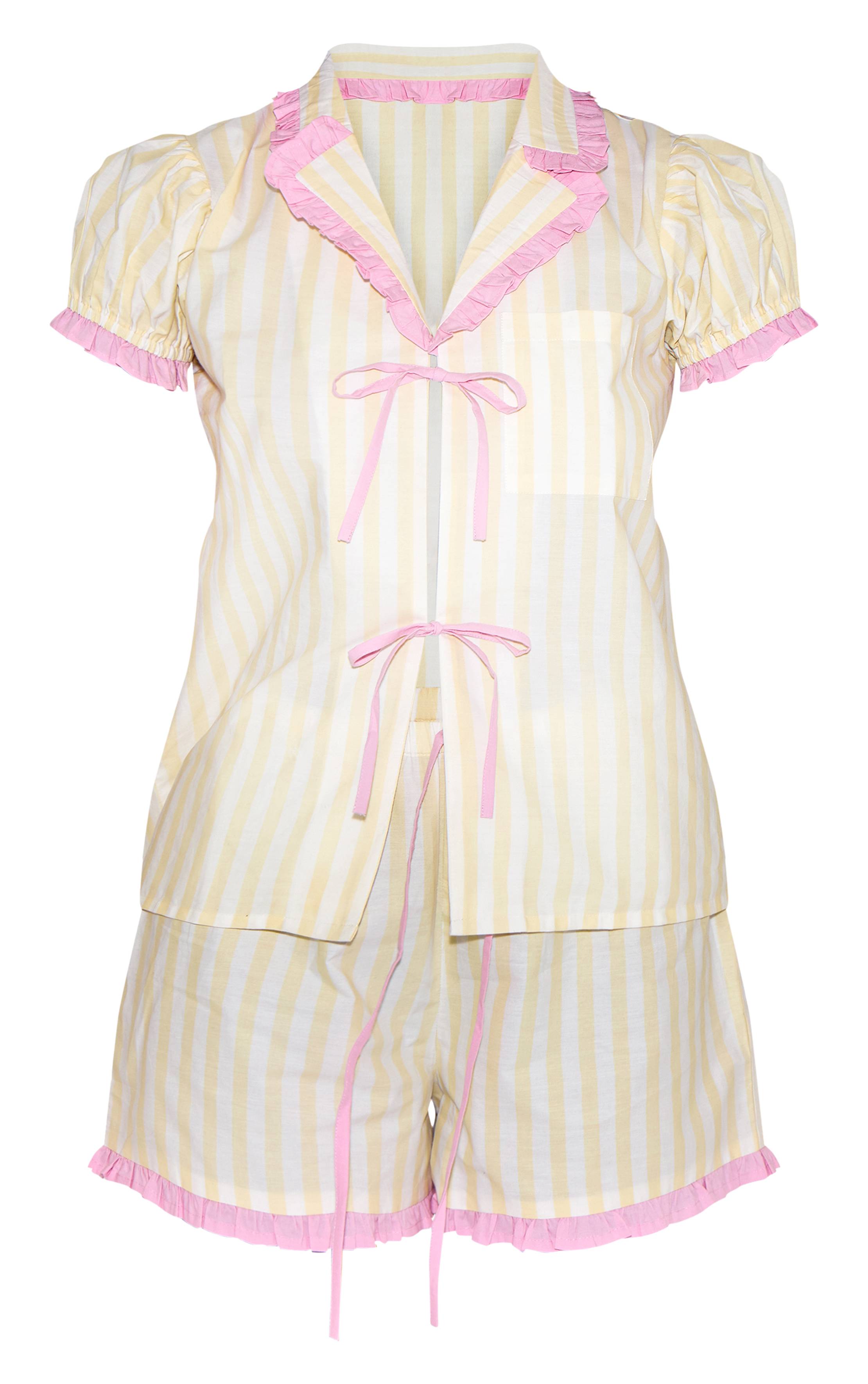 Citron Ensemble Pyjama Short À Rayures Avec Col À Volant Et Nœuds Devant