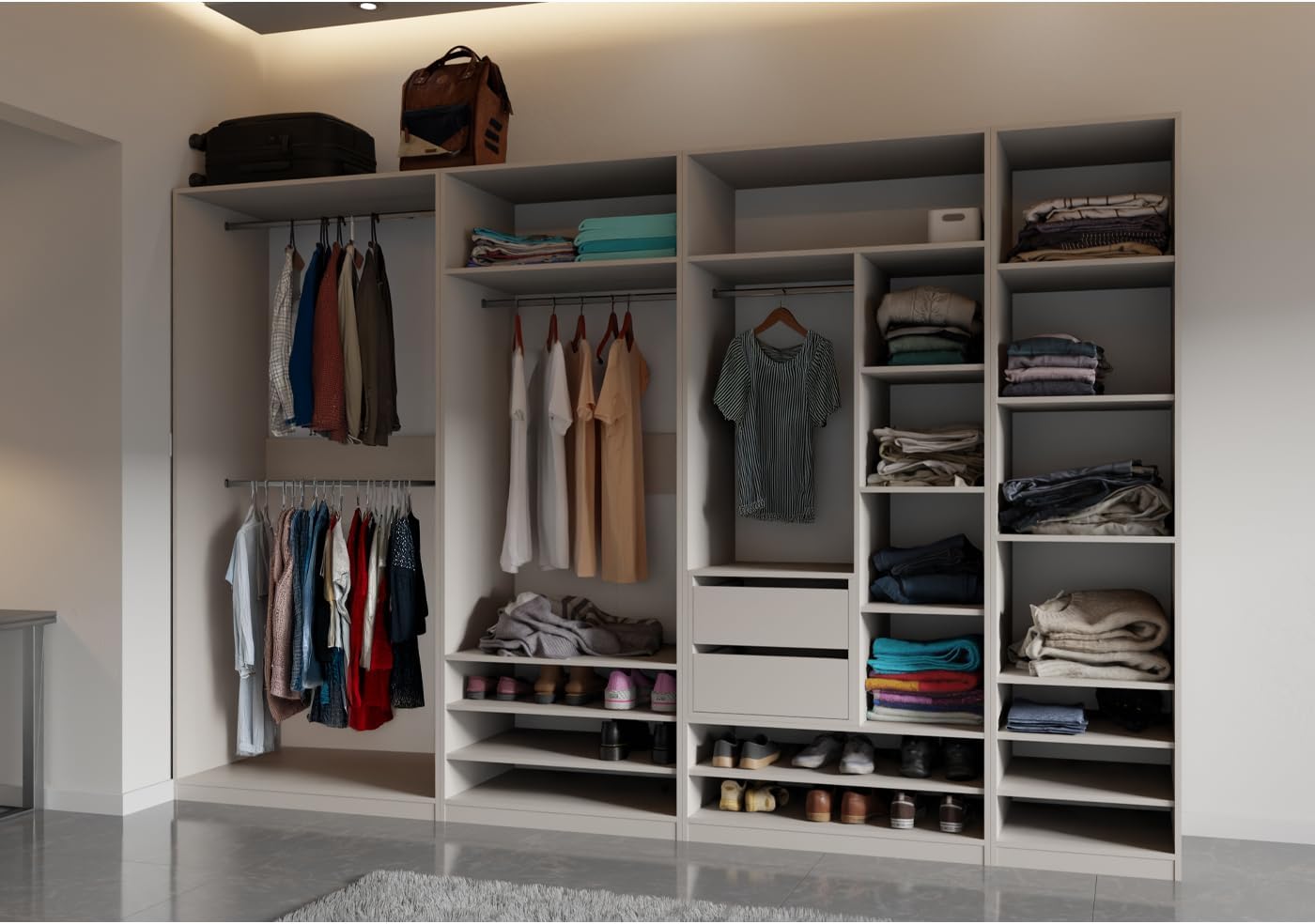Marmex Garderobenschrank-Set TRES B, großes, breites Schrankset für das Schlafzimmer ohne Türen, Kleiderschrank mit Kleiderstangen, Einlegeböden für Kleidung, Schuhe 320x206x51, graubeige Cashmere
