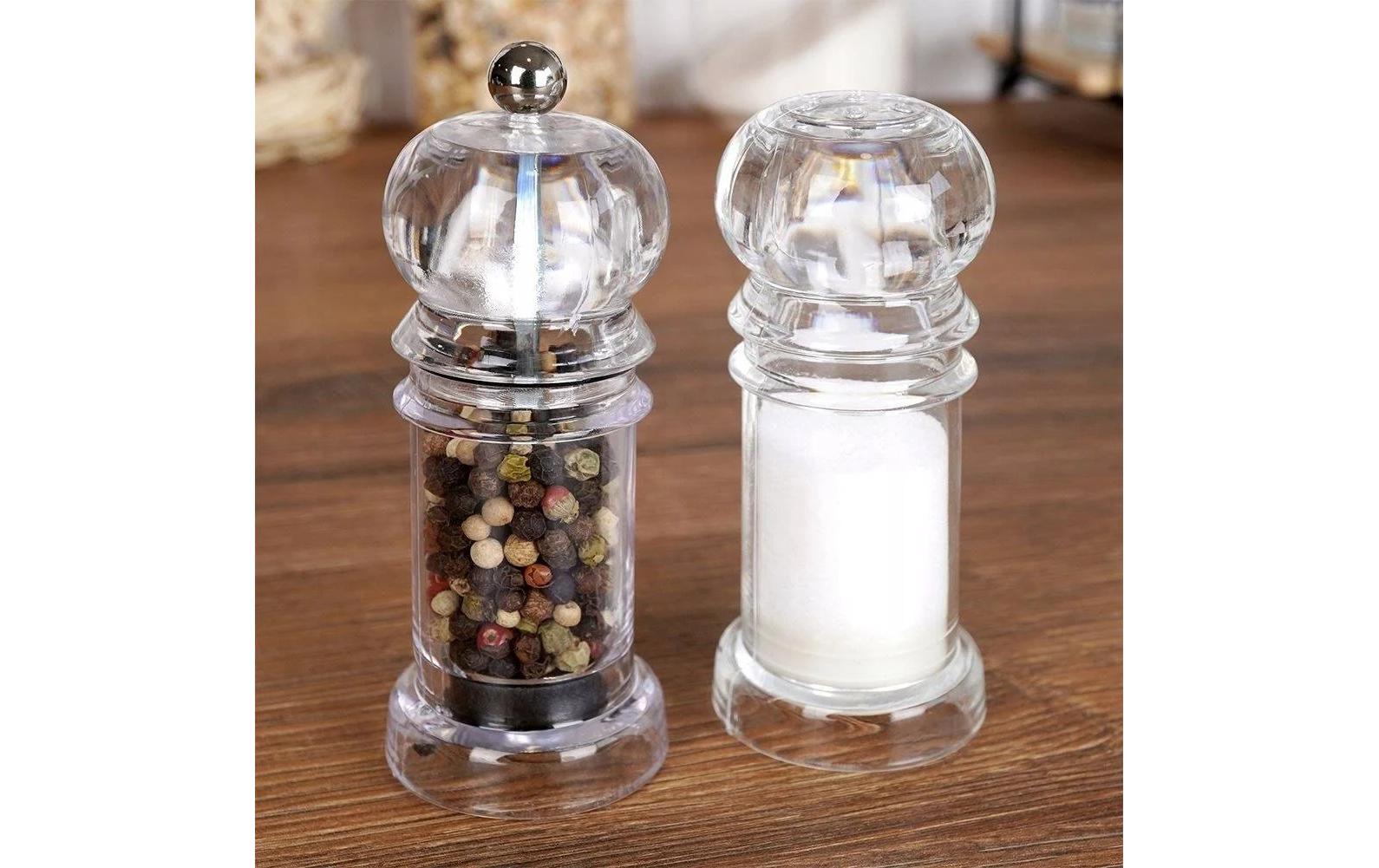 Salz- und Pfeffermühle 2 Stück, 10 cm, TransparentVerstellbare Salz- und Pfeffermühle mit durchsichtigem Gehäuse