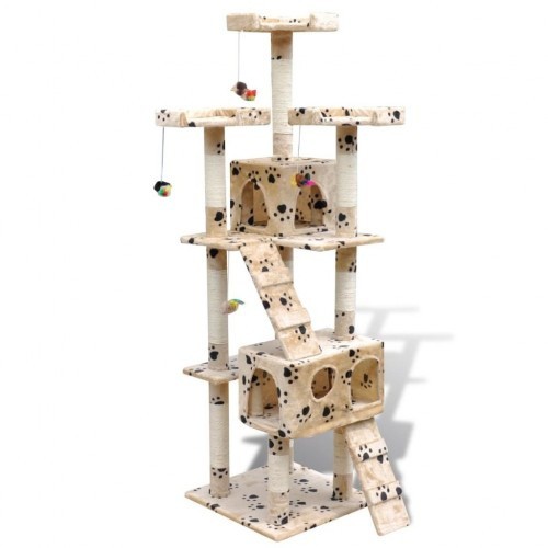 Arranhador e 2 casinhas para gatos, bege, com estampa de patas.