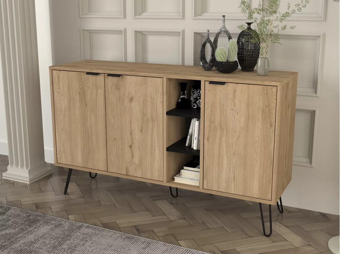 Buffet avec 3 portes et 3 niches - Naturel et Noir - POMONA