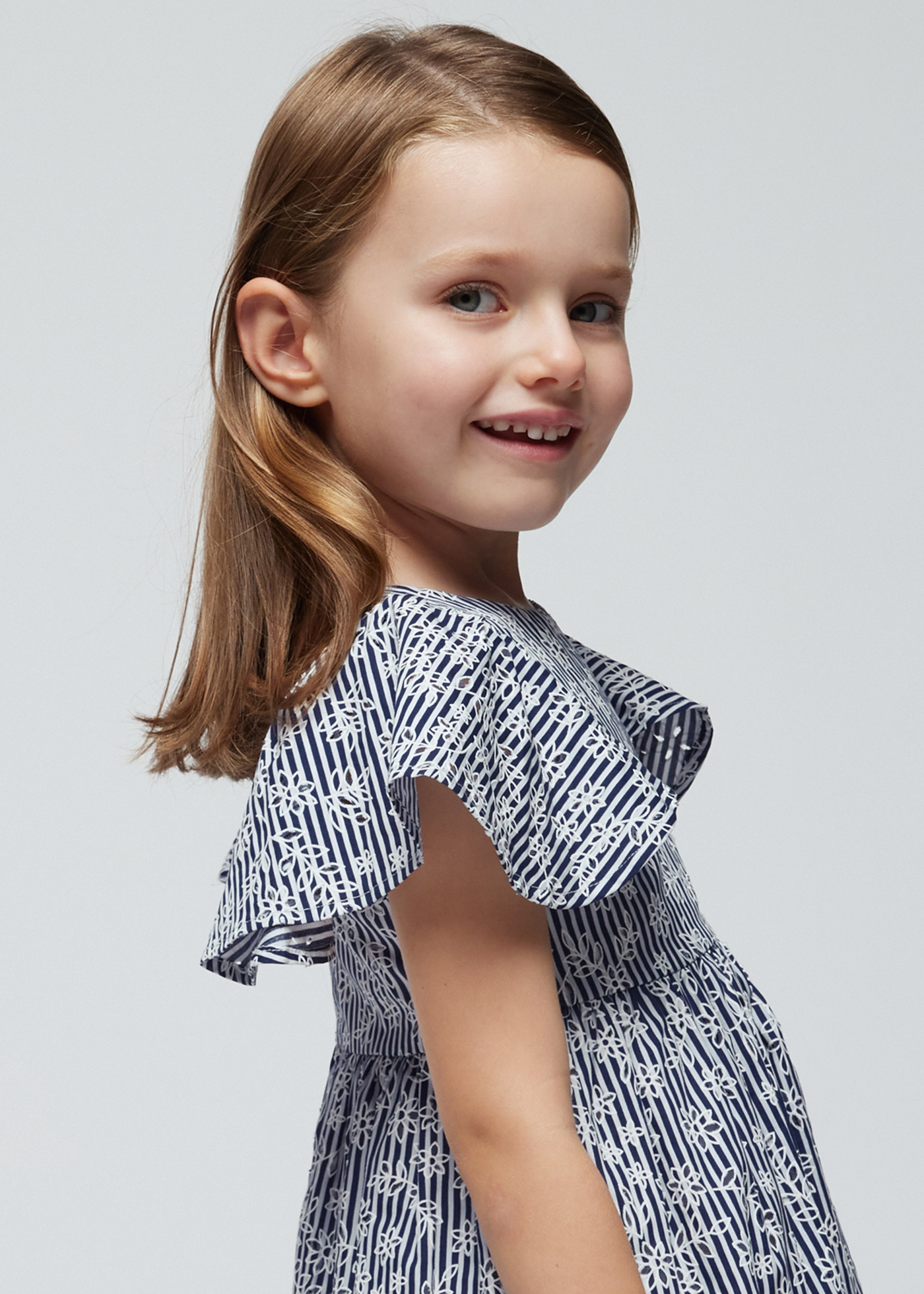Vestido listrado de popeline para meninas, cor tinta