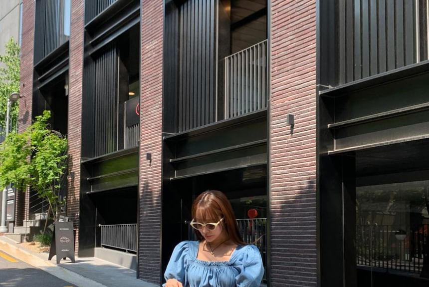 Bornite - Pofmouwen met vierkante hals, ruches en ruches van denim met wijde pijpen