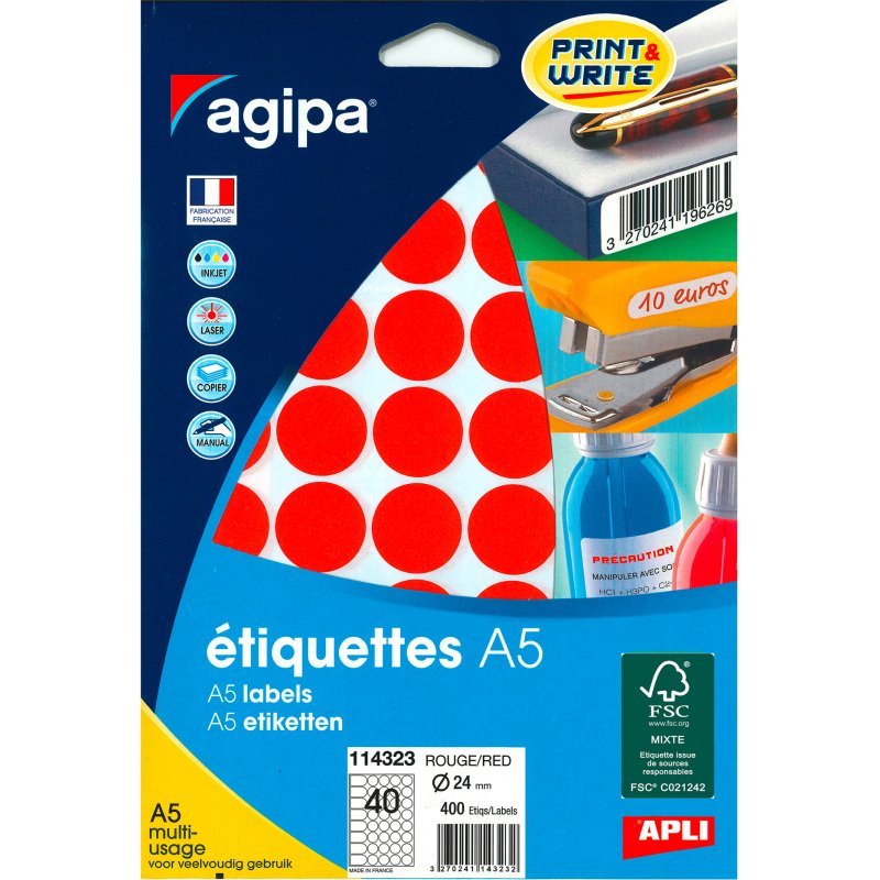 Pastille adhésive Ø 24 mm Agipa 11432 couleur - Boîte de 400