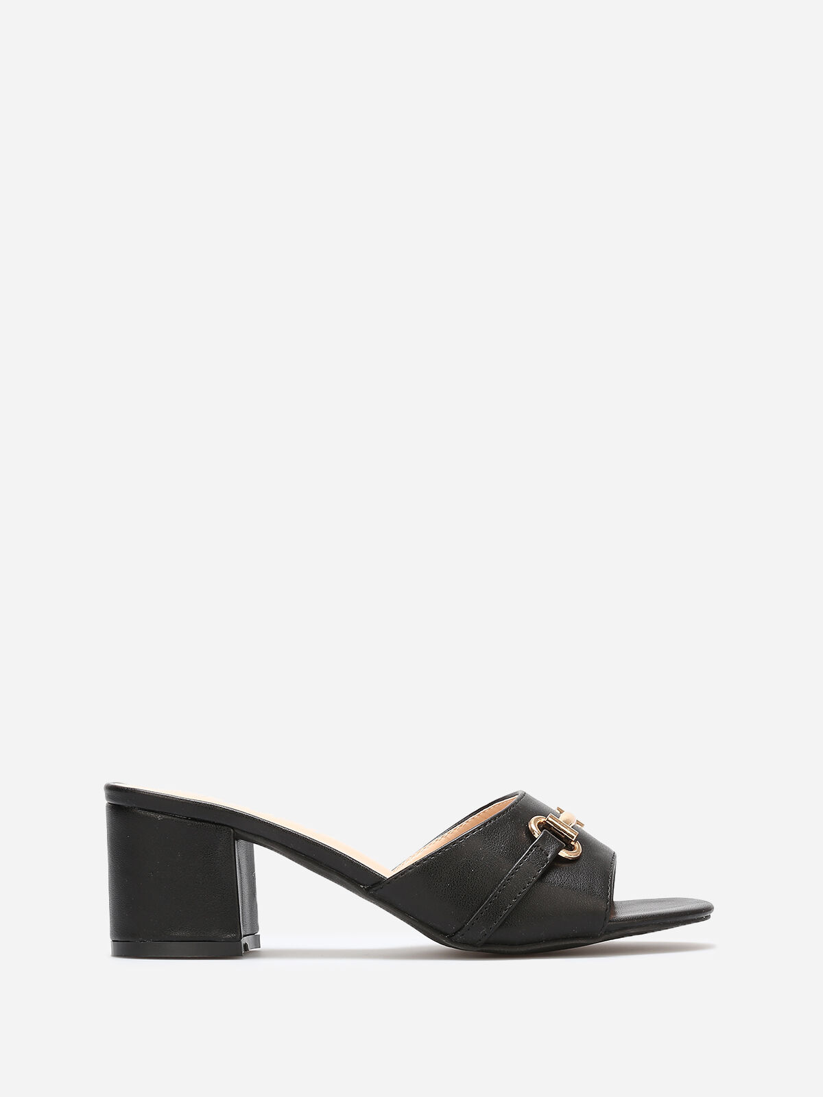 Mules à talon et détail boucle dorée- Noir