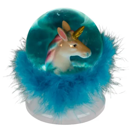 Out of the Blue Glitterkugel, Einhornkopf, auf Sockel mit Federn