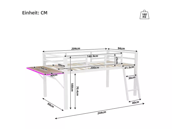 Lit plat en métal 90 x 200 cm, rails, échelle, bureau, bande LED à distance, blanc