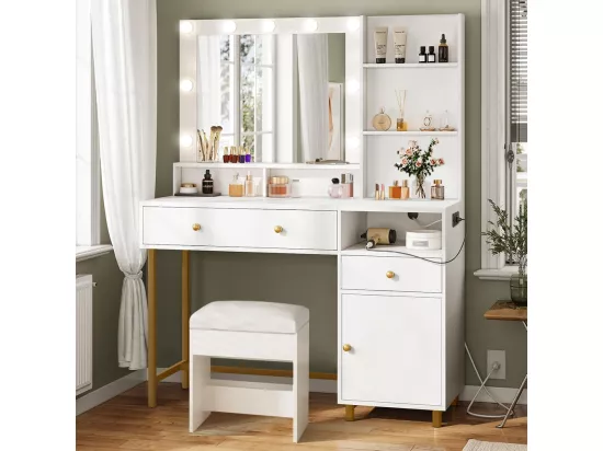 Coiffeuse avec Miroir LED et Tabouret - 115L x 40P x 140H cm - 3 Modes d'Éclairage - Blanc