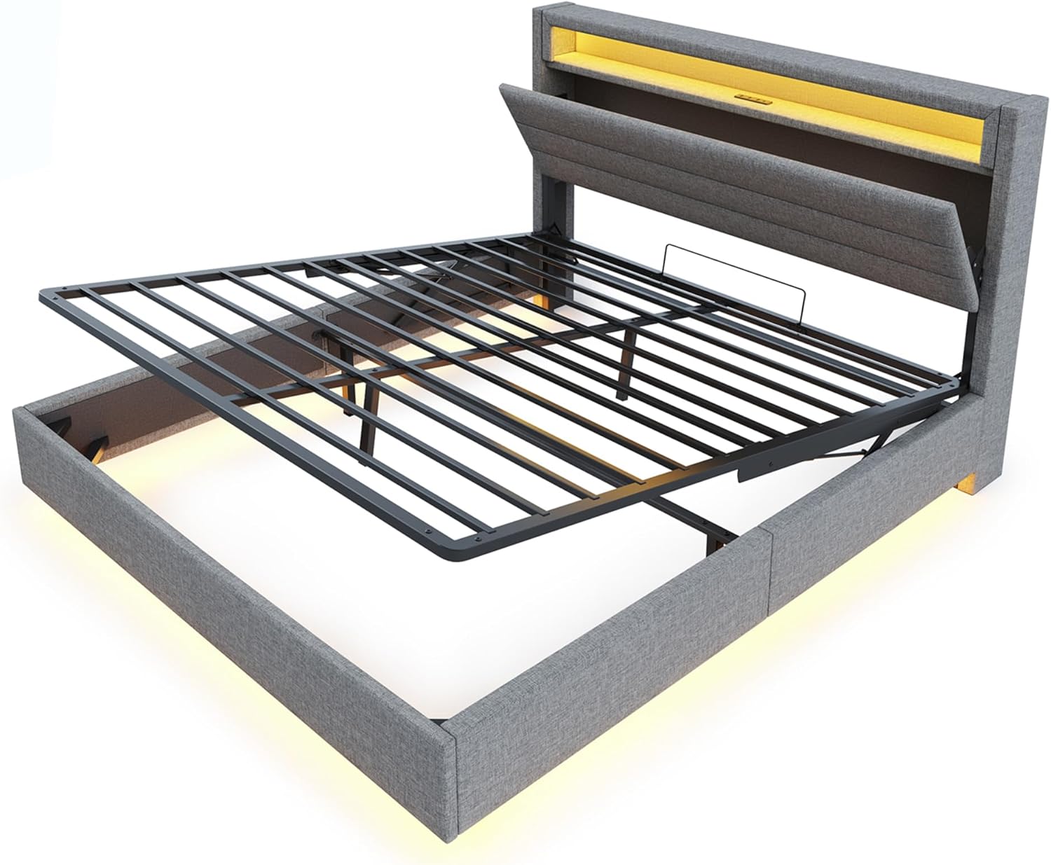 Polsterbett 160x200 cm, Doppelbett Funktionsbett mit USB-Steckdose und LED-Beleuchtung, Hängebett Kopfteil mit Verdeckter Stauraum, Bettgestell Bett mit Lattenrost, Leinen, Ohne Matratze, Grau