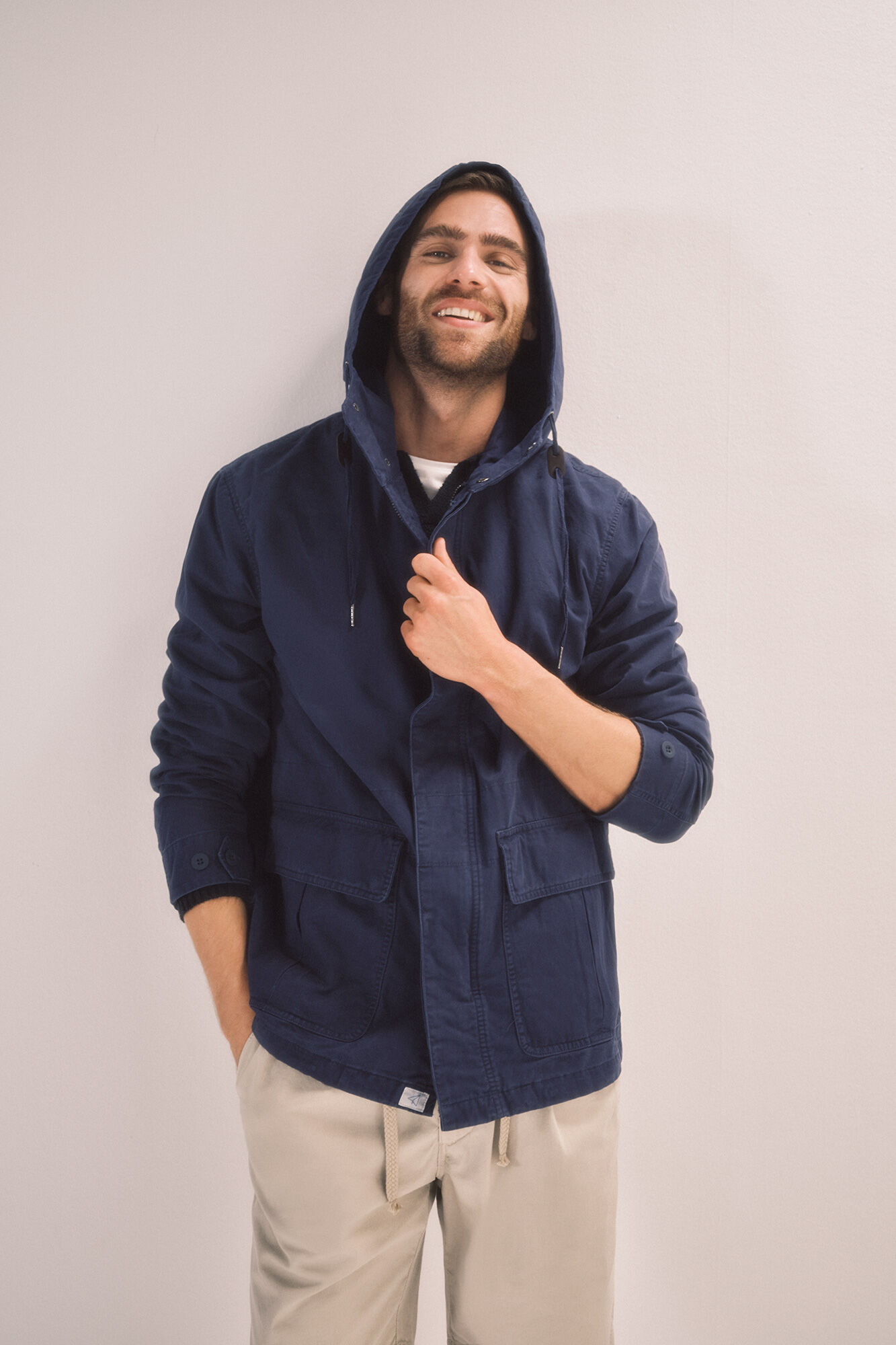 Jaqueta com capuz, algodão lavado - Azul escuro